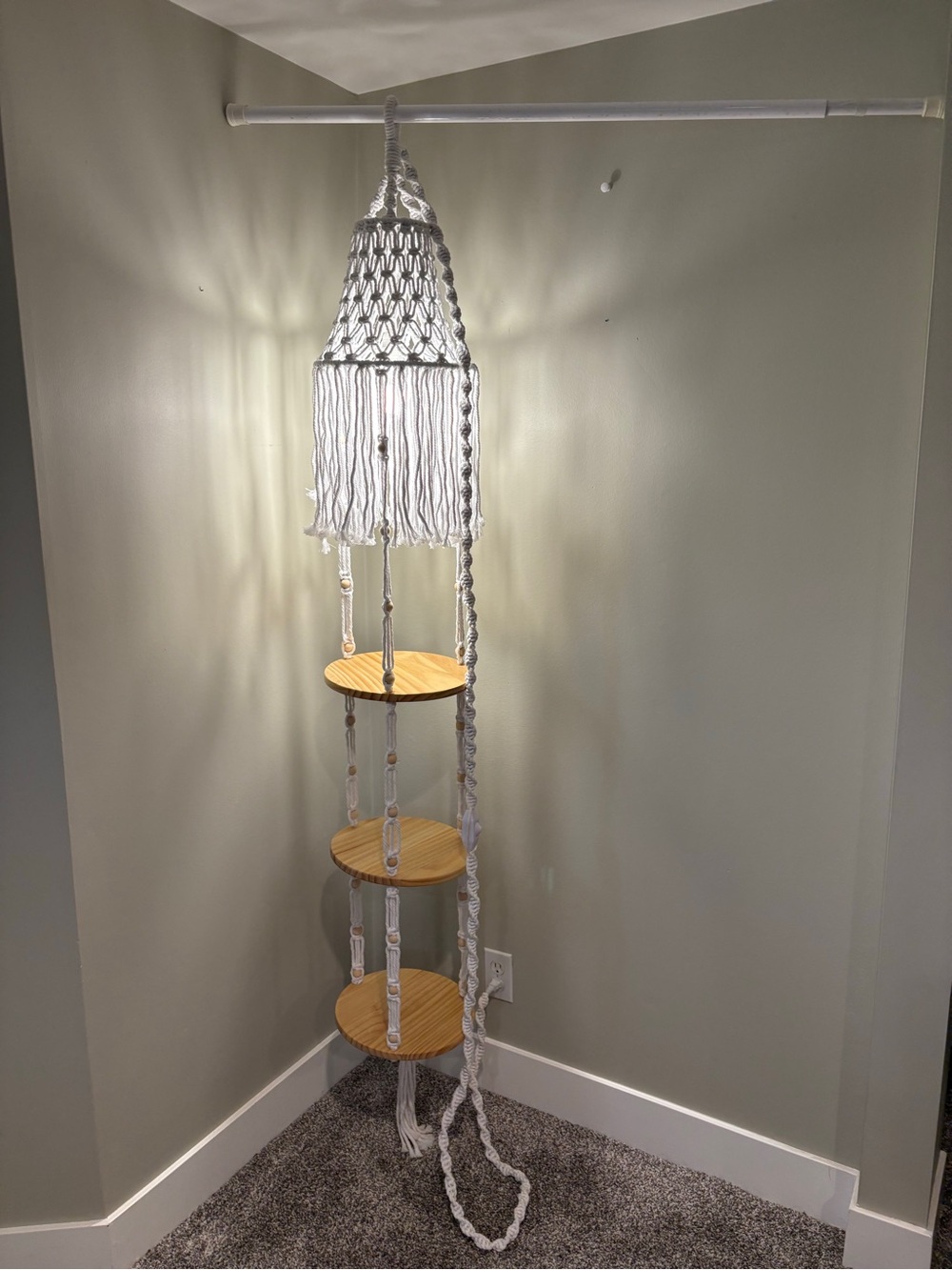 Boho Macramé Hanging Shelf Lamp – Dimmable